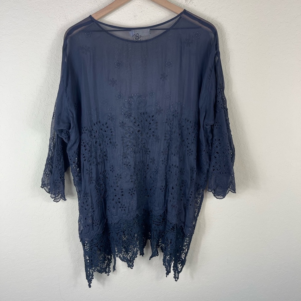 Johnny Was 4 Love and Liberty Silk Lace Eyelet Ruffle Top in Grey Size Small - Picture 6 of 8